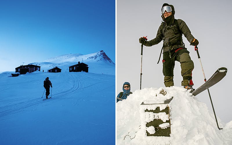 Till vänster: En skidåkare närmar sig fjällstugor i skymningen i Kirunafjällen. Till höger: En skidåkare högst upp på en snötäckt topp.