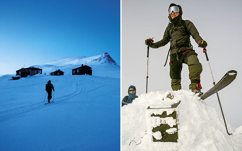 Till vänster: En skidåkare närmar sig fjällstugor i skymningen i Kirunafjällen. Till höger: En skidåkare högst upp på en snötäckt topp.