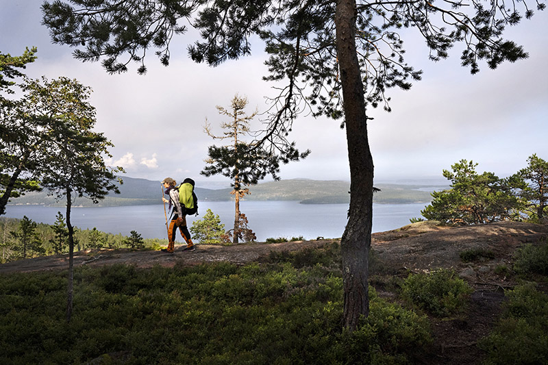 En kvinna syns vandra i profil längs en stig med utsikt över havet i bakgrunden.