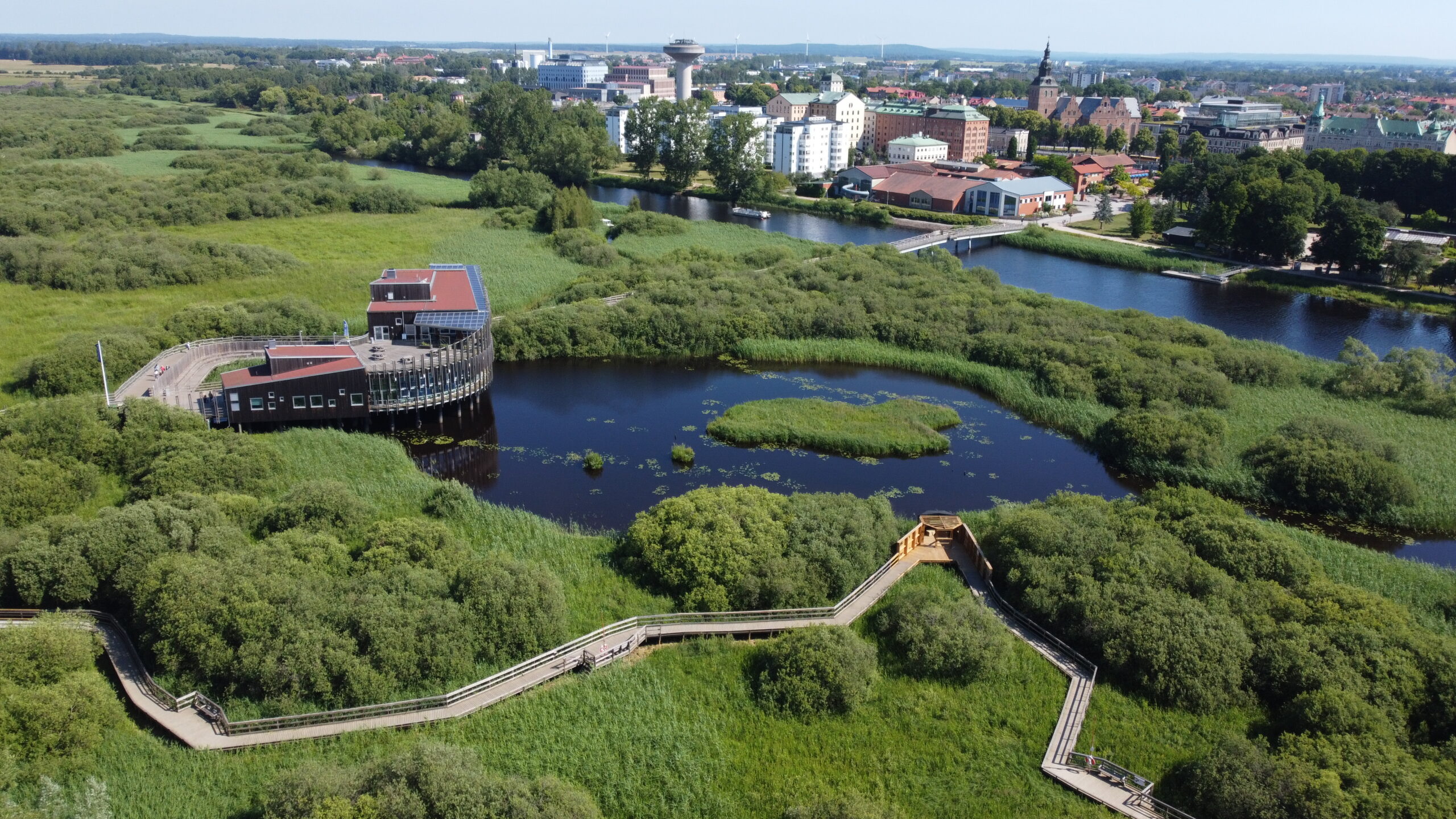 Flygbild över våtmarksområde och Kristianstad centrum i sommargrönska