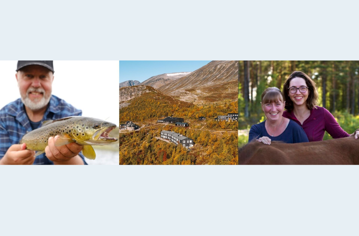 Nominerade till Ekoturismpriset. Man med fisk, vy över kebnekaise fjällstation och två kvinnor med en hästrygg.