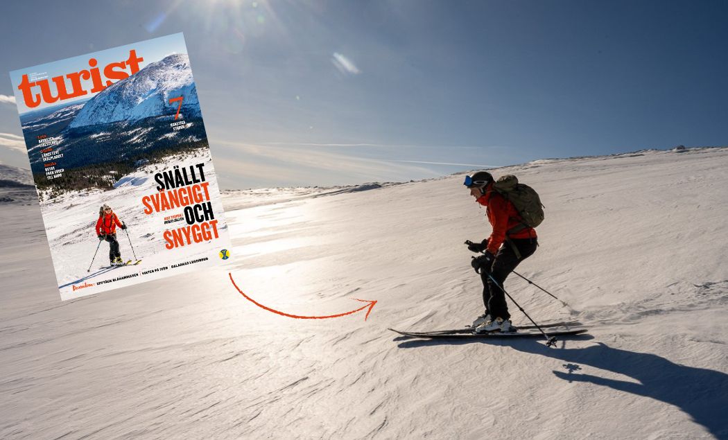 Infälld bild av ett tidningsomslag i en större bild av en skidåkare som åker i solljus nedför ett berg i jakt på djupsnö.