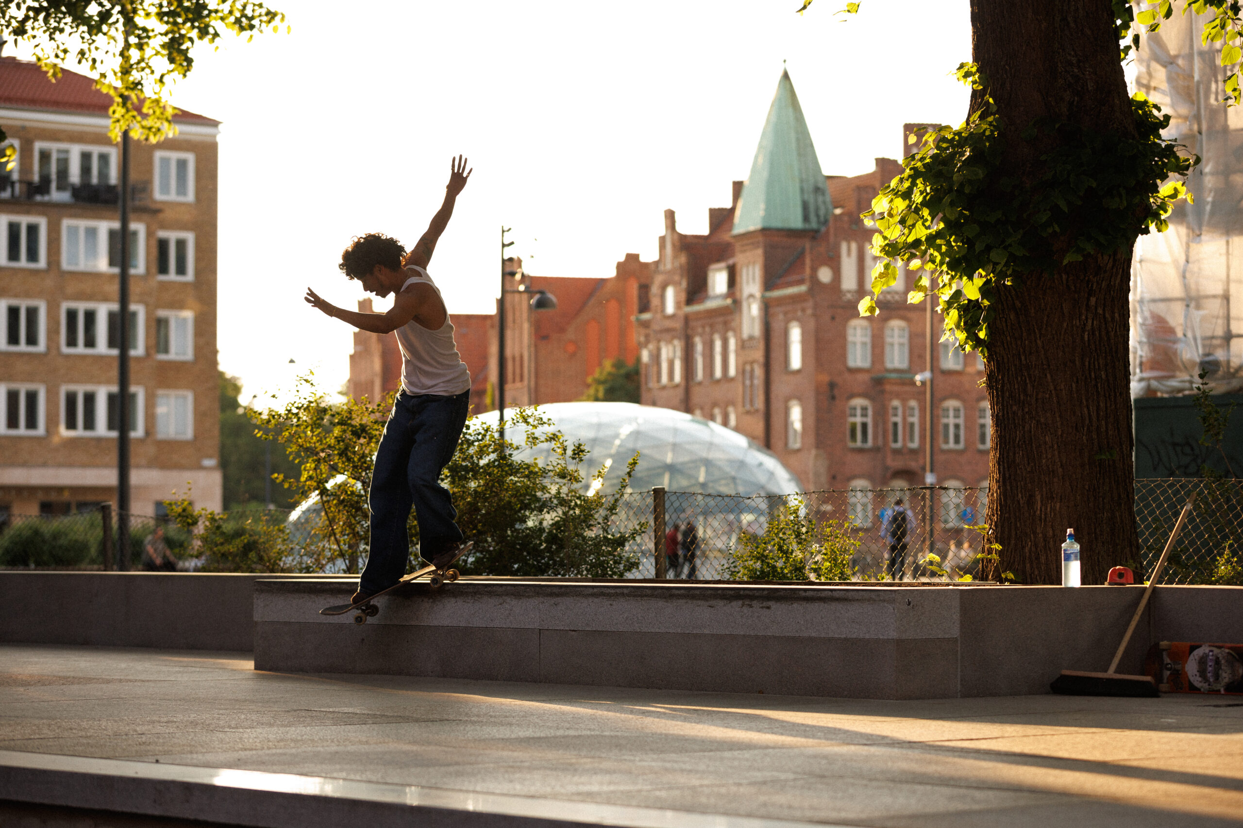 Person på skateboard gör ett trick i parken kallad Love Malmö.