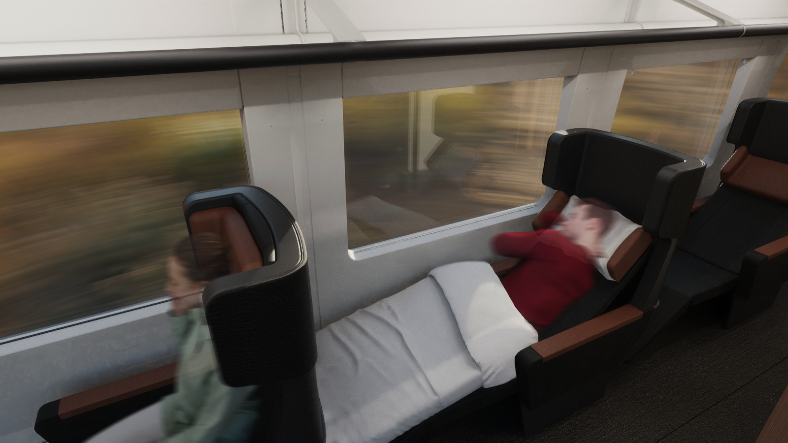 Animerad bild av ett tågsäte i en sovvagn som fällts ut till liggläge.