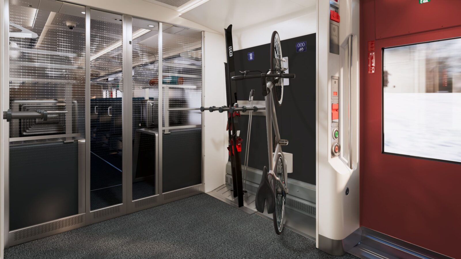 Animerad bild av ett par skidor och en cykel, upphängda på väggen i ett tåg.