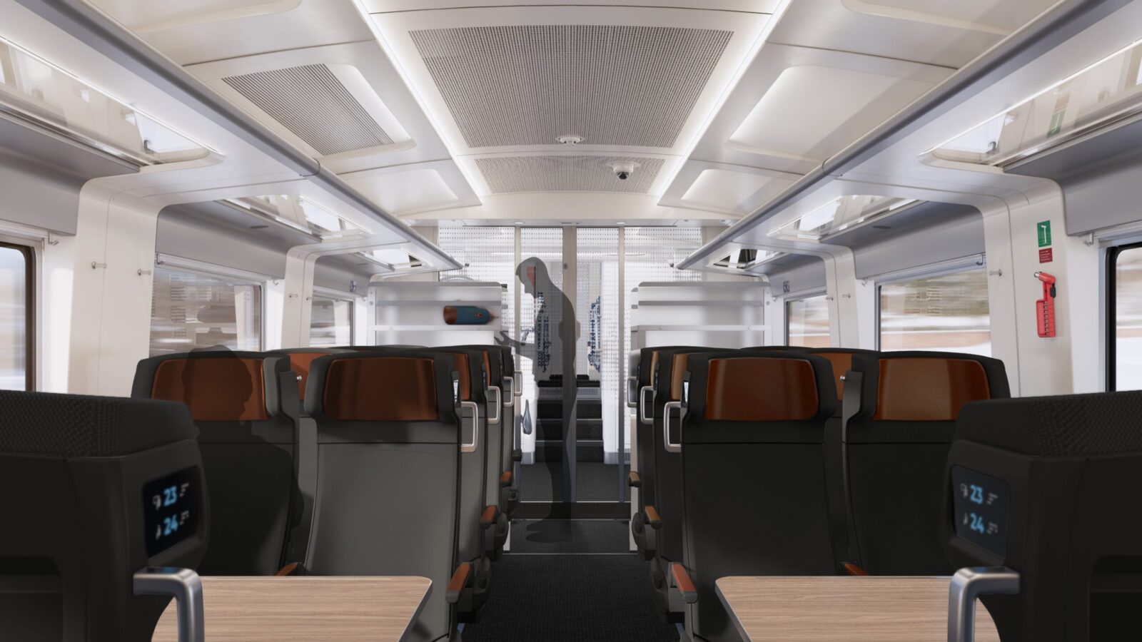 Animerad interiör av en tågkupé med två stolsrader.