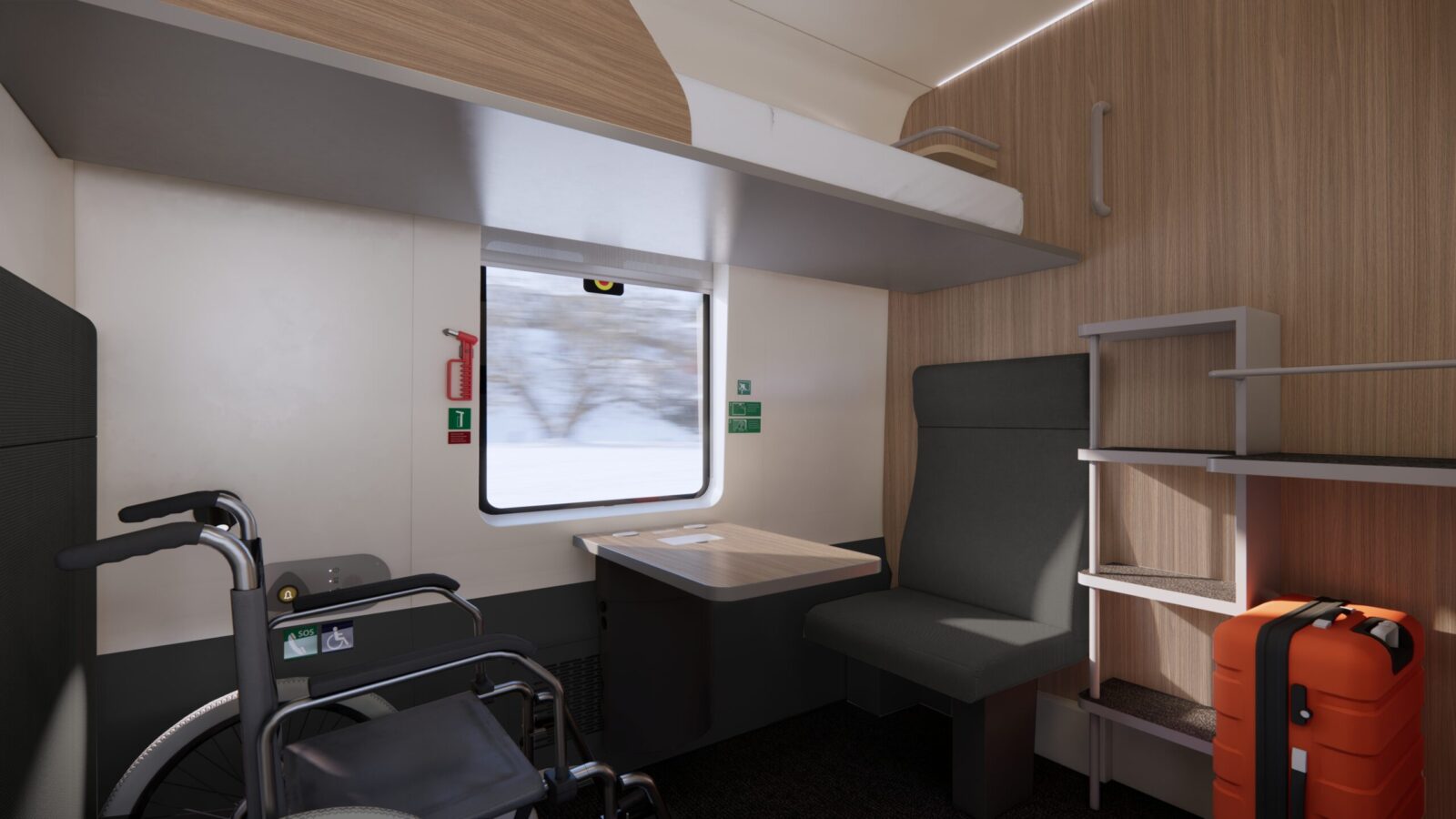 Animerad bild av en tågkupé med en rullstol till vänster och ett ordinarie säte till höger.