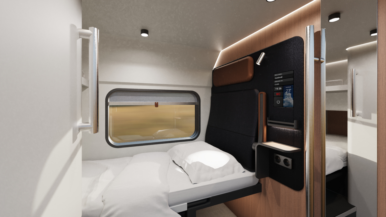 Animerad bild av ett tågsäte i en sovvagn som fällts ut till liggläge.
