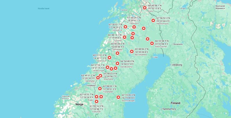 Kartbild med markörer för Sveriges minst besökta platser.