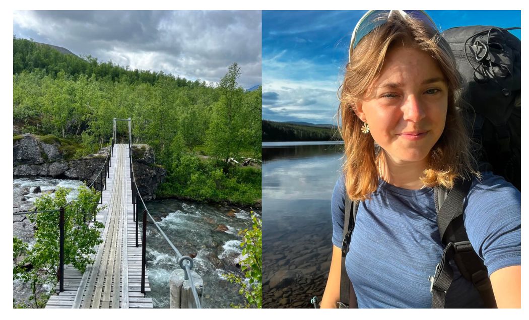 Delad bild där den vänstra föreställer en hängbro över ett vattendrag med gröna fjällbjörkar i bakgrunden och den andra den unga flickan Tess Tippett Bennrup i blå t-tröja och svart ryggsäck.