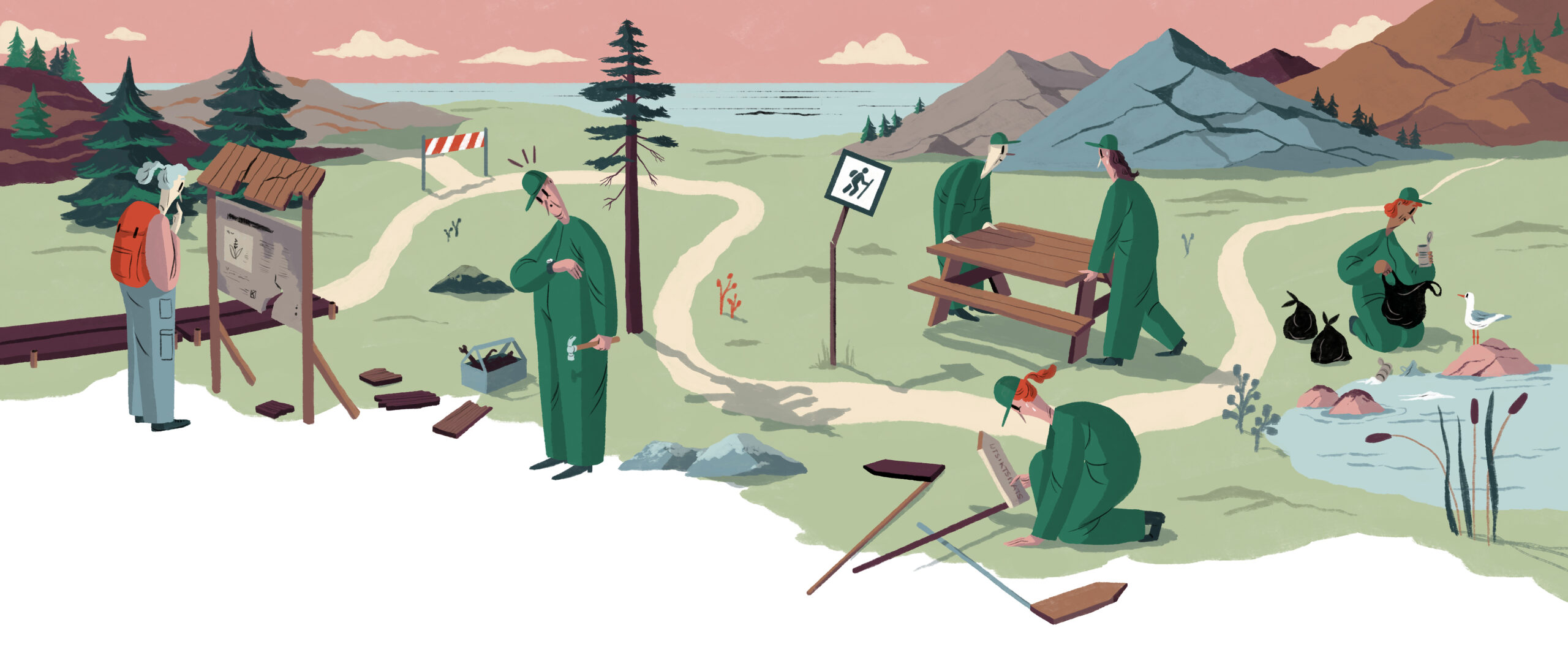 En illustration föreställande figurer som pysslar längs en stig i terräng.