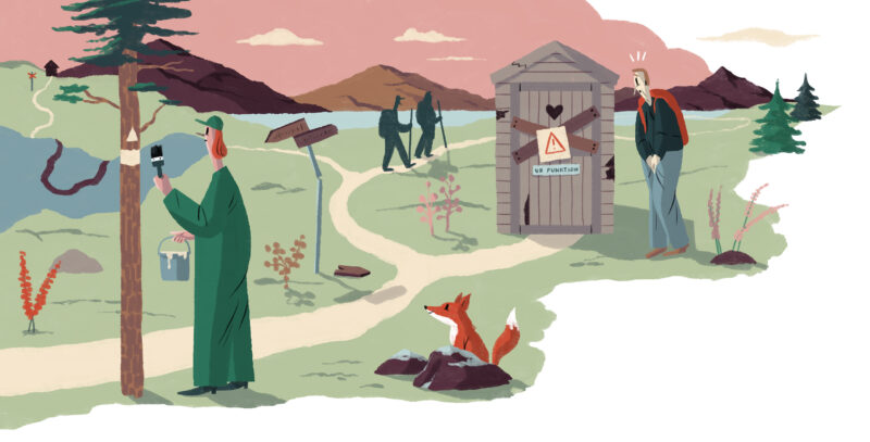 Illustration där en grönklädd person markerar en tallstam längs en vandringsled. En nyfiken räv tittar på, medan en man är kissnödig utanför ett igenspikat dass.